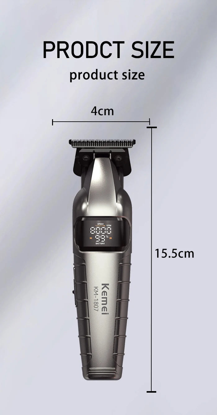 A silver cordless hair trimmer is shown with dimensions of 4cm in height and 15.5cm in length.