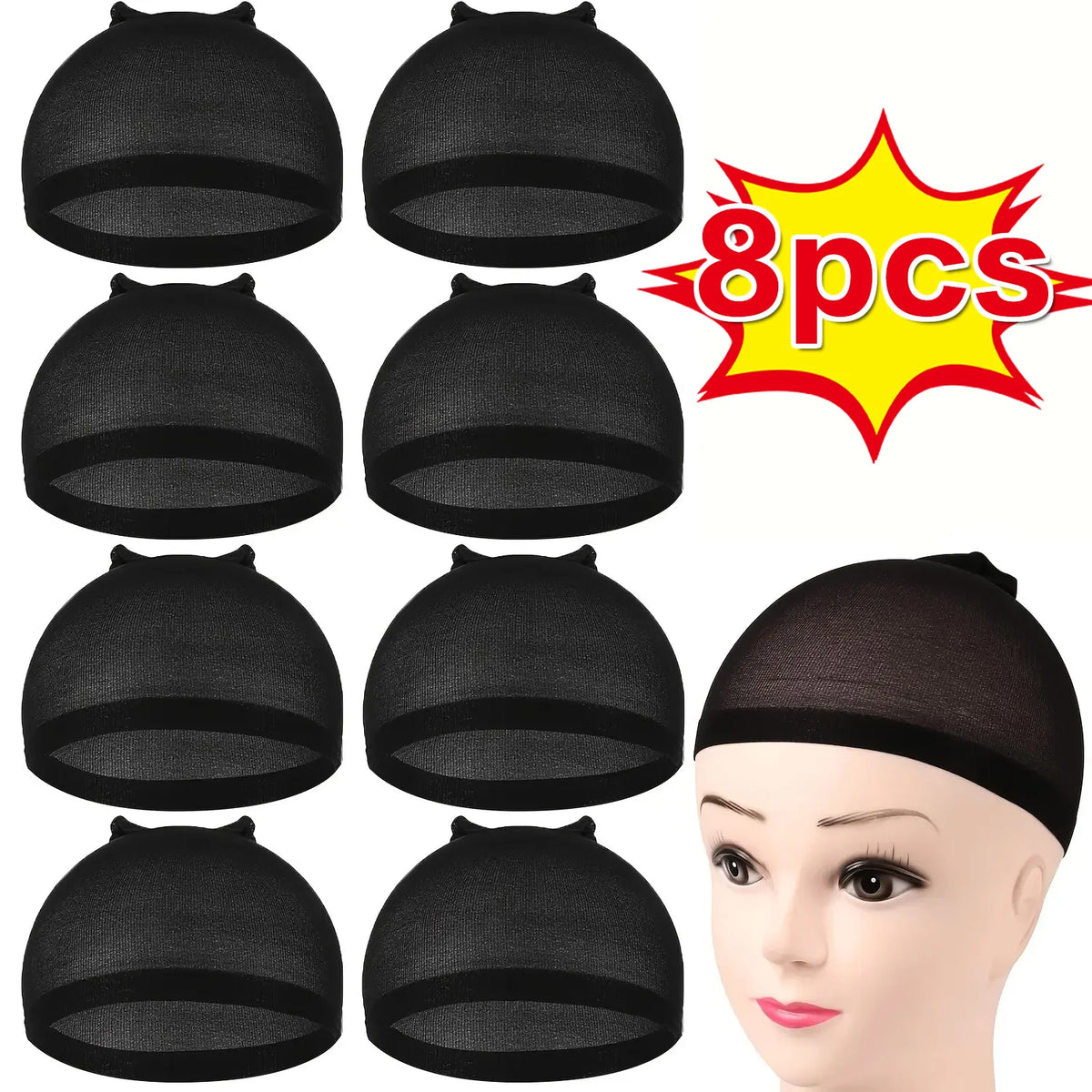 A set of eight black nylon wig caps or stockings displayed on a white background.