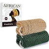 A bundle of natural exfoliating loofah sponges in beige and green colors.
