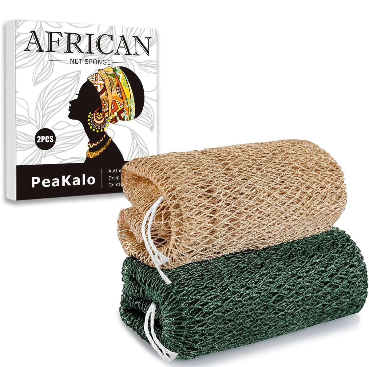 A bundle of natural exfoliating loofah sponges in beige and green colors.