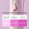 A pink hair styling tool displaying a temperature of 200 degrees and options for fine, neutral, and coarse hair.
