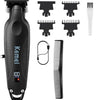 A black professional cordless hair trimmer with various attachments and a separate charging cord.