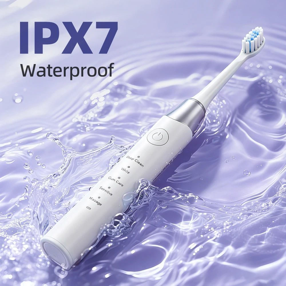 A white electric toothbrush is shown submerged in water, demonstrating its IPX7 waterproof rating.