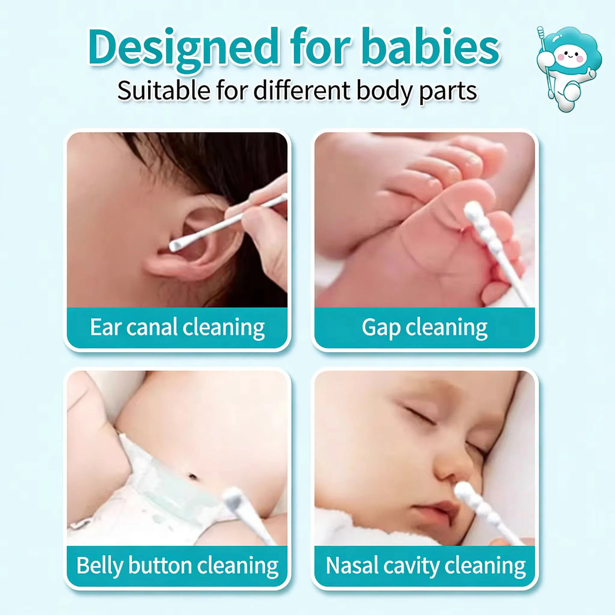 Un set de cotons nettoyants multifonctionnels à double extrémité pour bébés, montrant des applications comme le conduit audit