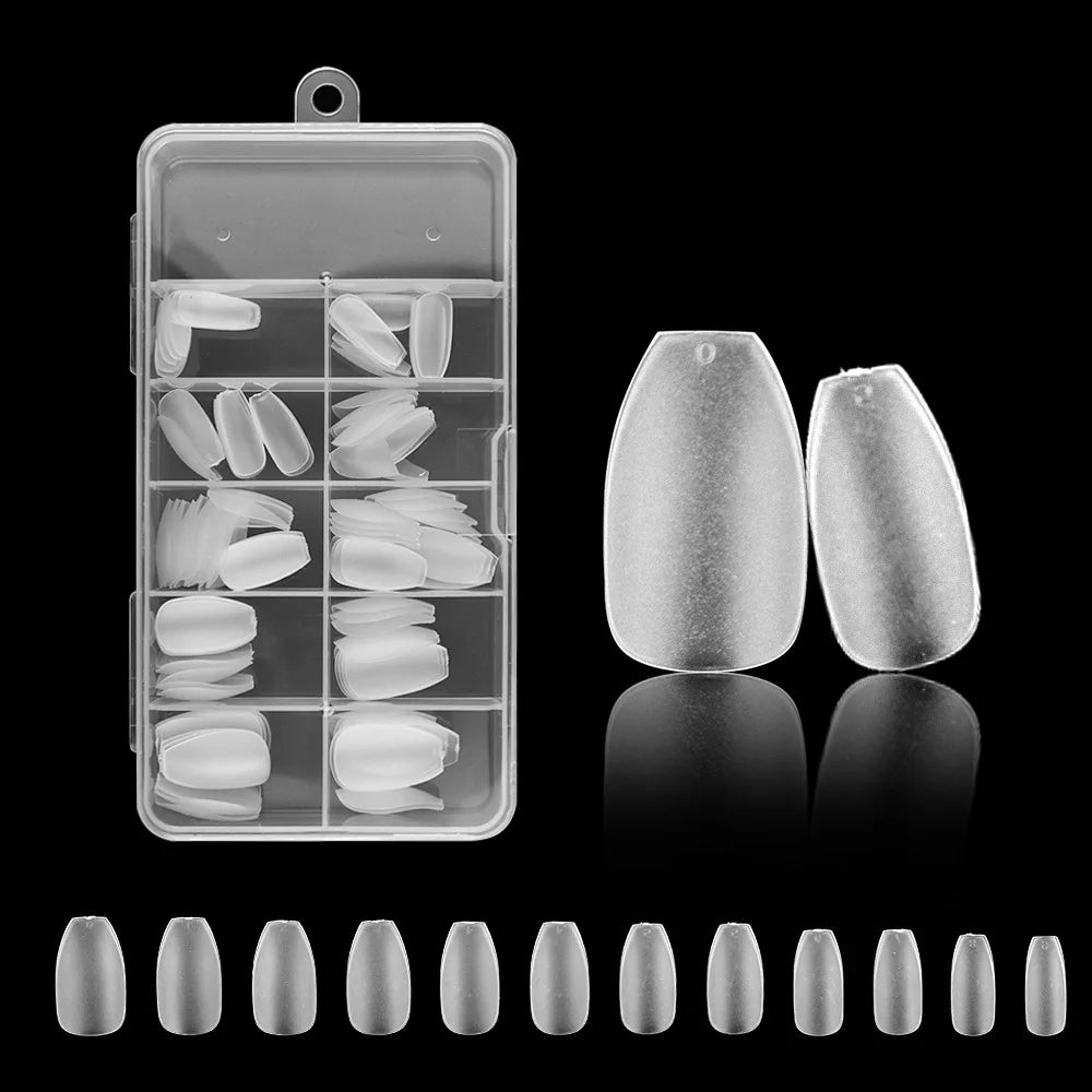 A clear plastic case containing frosted French false nails and a row of natural finish nails.