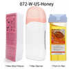 A set of professional waxing tools including a wax warmer, depilatory paper, and a roll-on wax container.