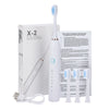 A white sonic electric toothbrush X-2 with a charging cable and product information box.