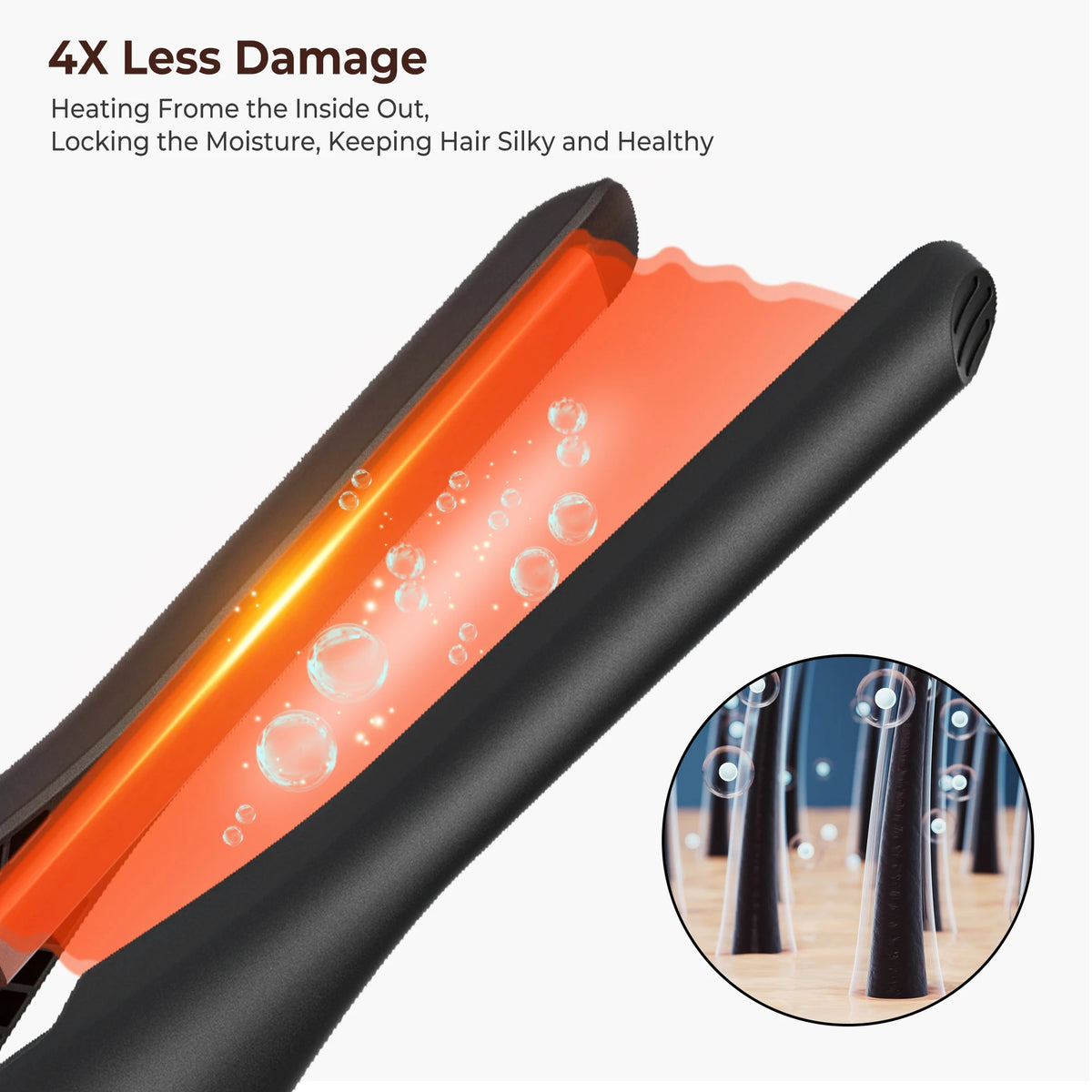 A close-up view of a black flat iron with an orange heating plate, showing steam or moisture escaping.
