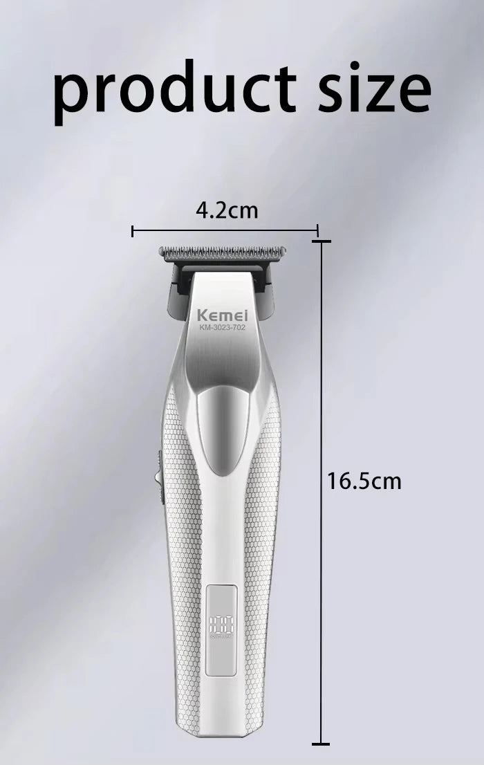 A silver professional rechargeable hair trimmer shown vertically with a measurement of 16.5cm.