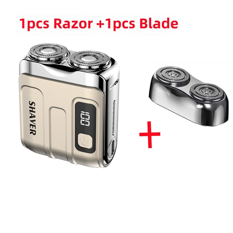 A silver electric shaver unit with a blade is shown next to the disassembled blade.