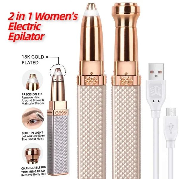 Un par de epiladoras eléctricas de baño de oro, mostrando el cuerpo principal y una cabeza recortadora desmontable.