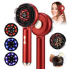 A set of red electric scalp massage combs with LED light therapy, including various comb heads and a model in use.