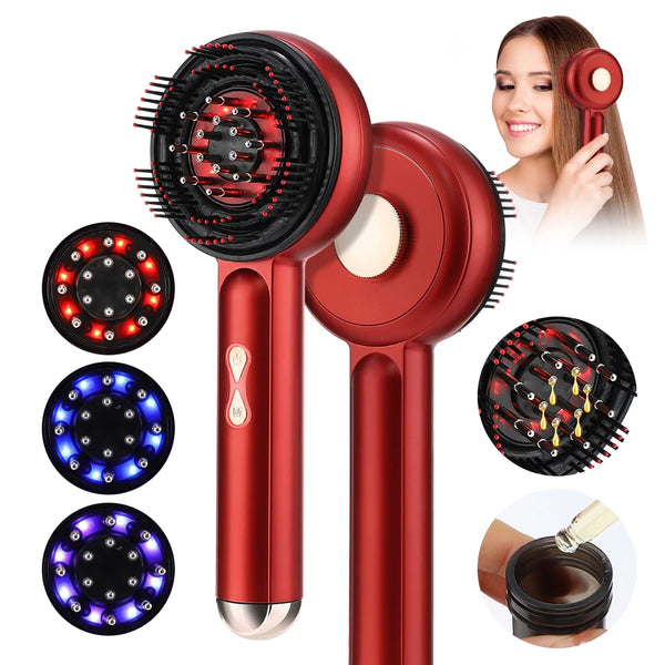A set of red electric scalp massage combs with LED light therapy, including various comb heads and a model in use.