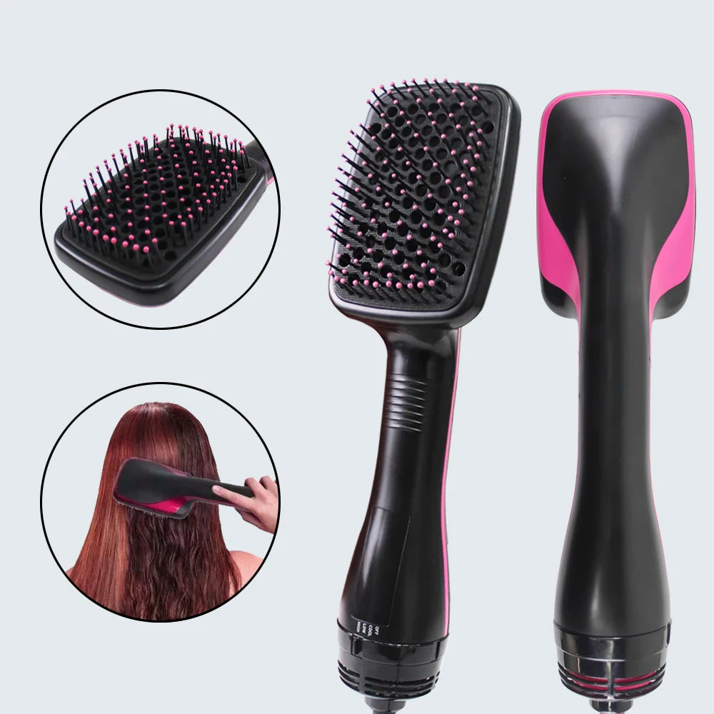 Black hair dryer brush and curling comb with pink accents shown in various angles