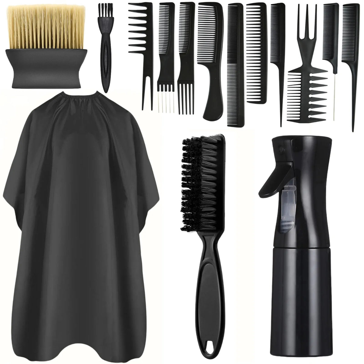 Un ensemble de cape de coiffure professionnelle et de peignes de coiffage en noir.