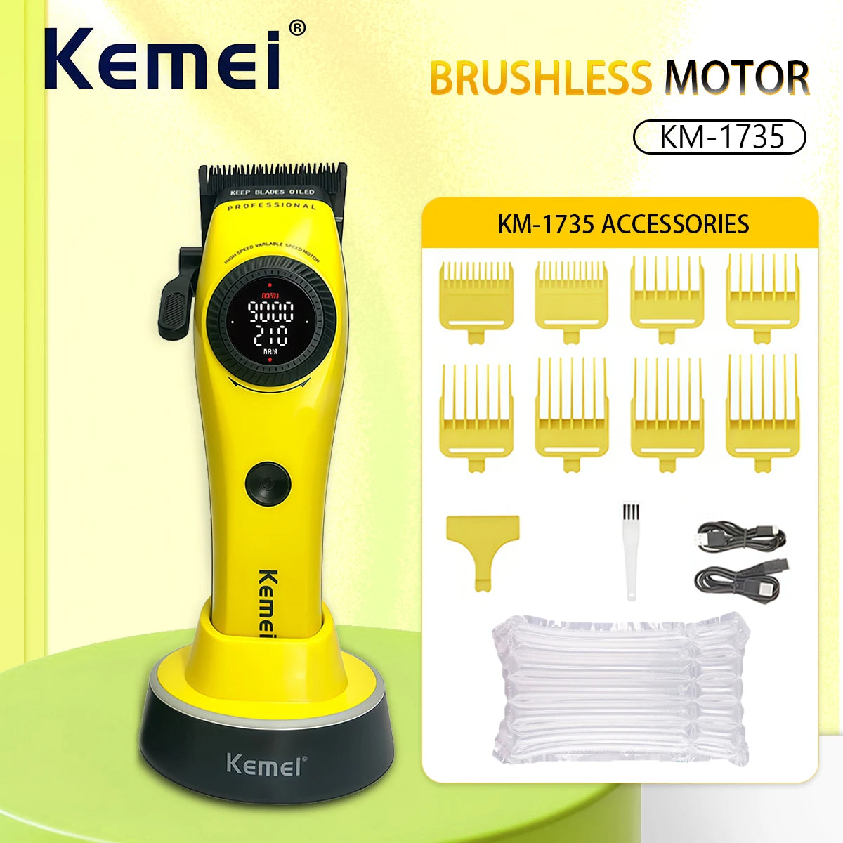 Yellow Kemei brushless motor hair clipper with accessories on a green surface