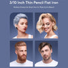 A set of 3/10 inch thin pencil flat irons shown in various shades and used on short hair and beard styles.