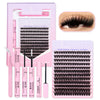 A pink box and kit containing individual clusters lashes for eyelash extensions.