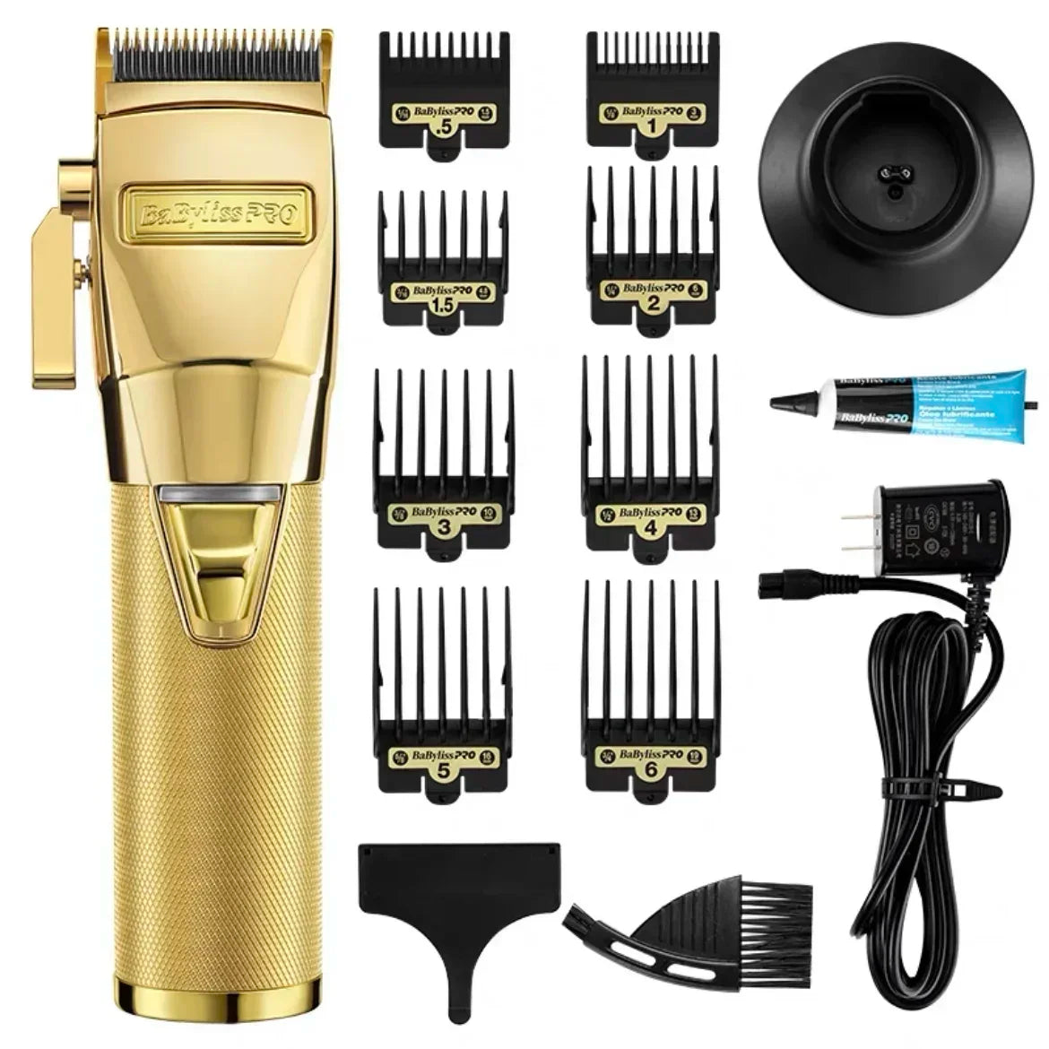 Gold- und schwarze kabellose Haarschere mit verschiedenen Aufsätzen und Ladekabel.