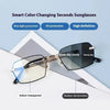 A pair of smart color-changing sunglasses shown with features like blue light protection, UV protection, and high definition.