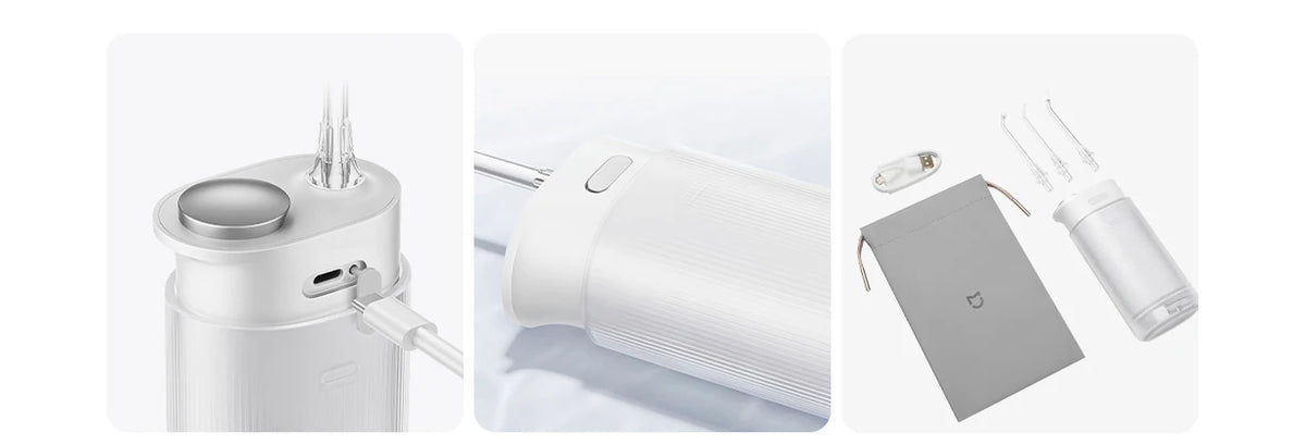 A white portable cordless oral irrigator device shown in three views: a close-up of the main unit, a side view, and packaged 