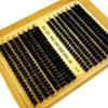 A gold box containing lash clusters for DIY eyelash extensions, featuring black mink-like lashes.