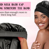 A woman models a black satin silk hair cap with a long stretchy tie band.