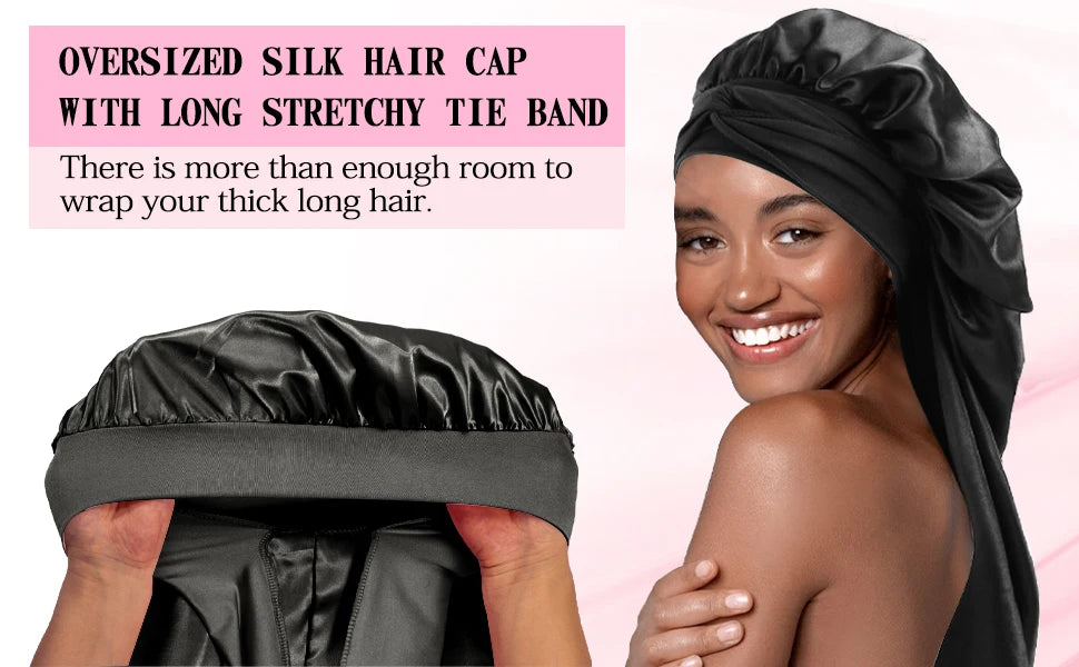 A woman models a black satin silk hair cap with a long stretchy tie band.