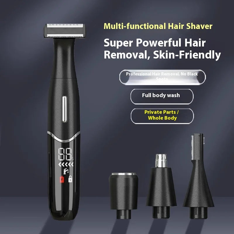 A black multi-functional hair shaver is shown with various attachments for body and facial hair removal.