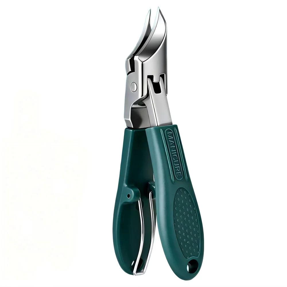 A pair of green and silver precision stainless steel nail clippers.