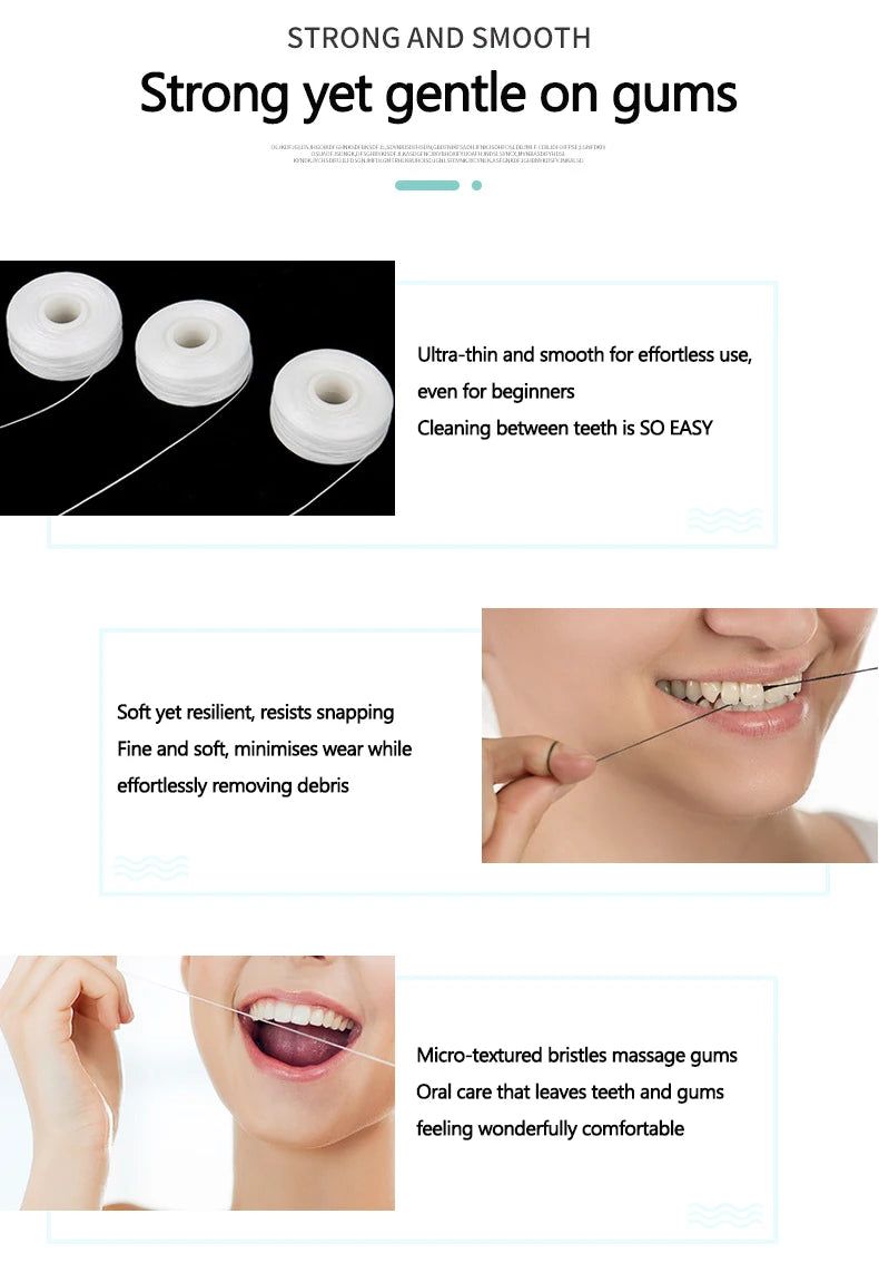 A close-up of dental floss being used between teeth, demonstrating the product's smooth and gentle nature.