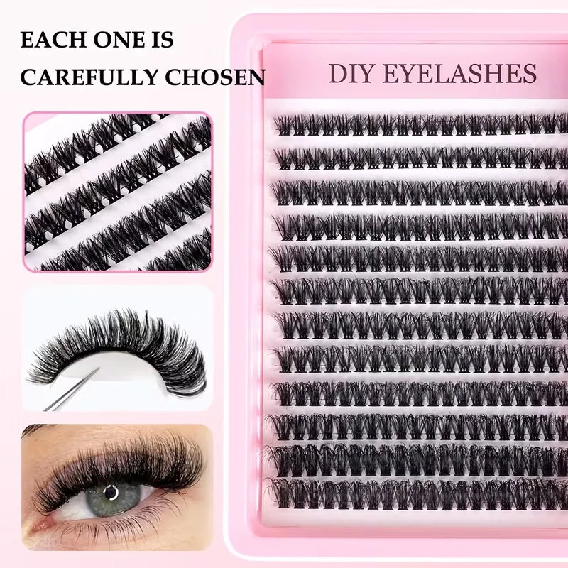 A pink plastic tray filled with numerous clusters of black artificial eyelashes for DIY beauty