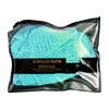 A black pouch containing a blue, mesh-like African bath sponge for body exfoliation.