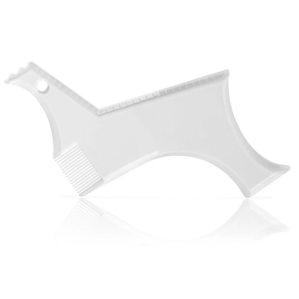 A white all-in-one beard styling template and comb with a curved shape.