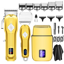 Ein Set aus drei goldenen und silbernen professionellen Elektrik-Haarschneidern und Rasierern für Männer.