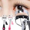 Stainless steel eyelash curler with precision comb shown next to a woman's eye.