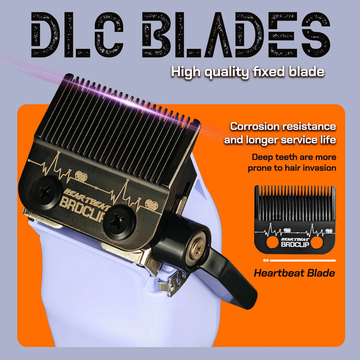 A close-up of a DLC blade fixed blade for a heartbeat blade used in hair grooming.
