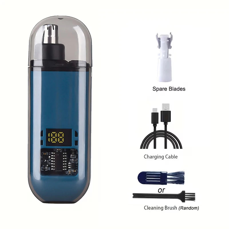 A blue electric portable hair and nose trimmer with spare blades, a charging cable, and a cleaning brush.