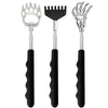 Stainless steel telescopic back scratcher set with travel pouch featuring a hand and a foot claw.