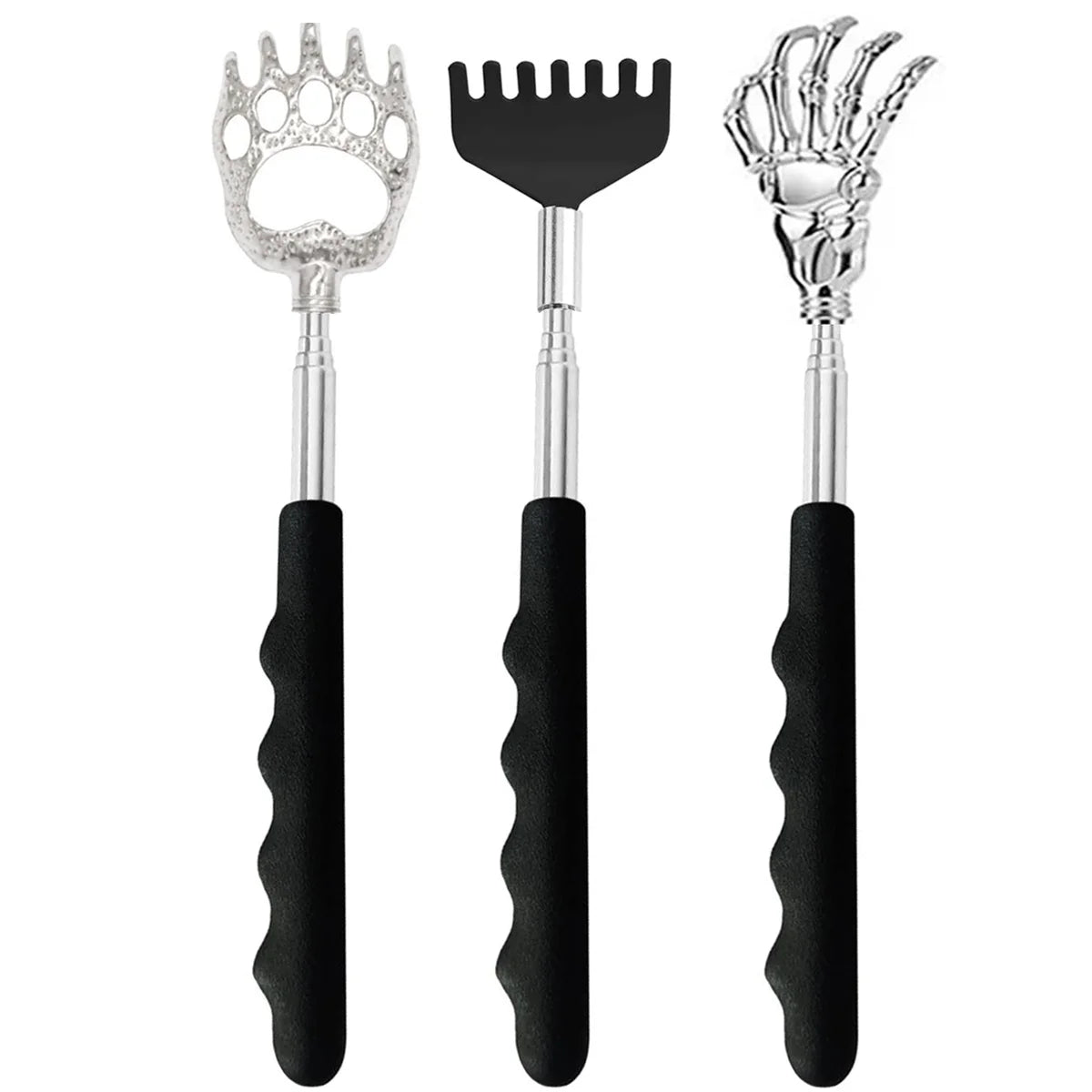 Stainless steel telescopic back scratcher set with travel pouch featuring a hand and a foot claw.