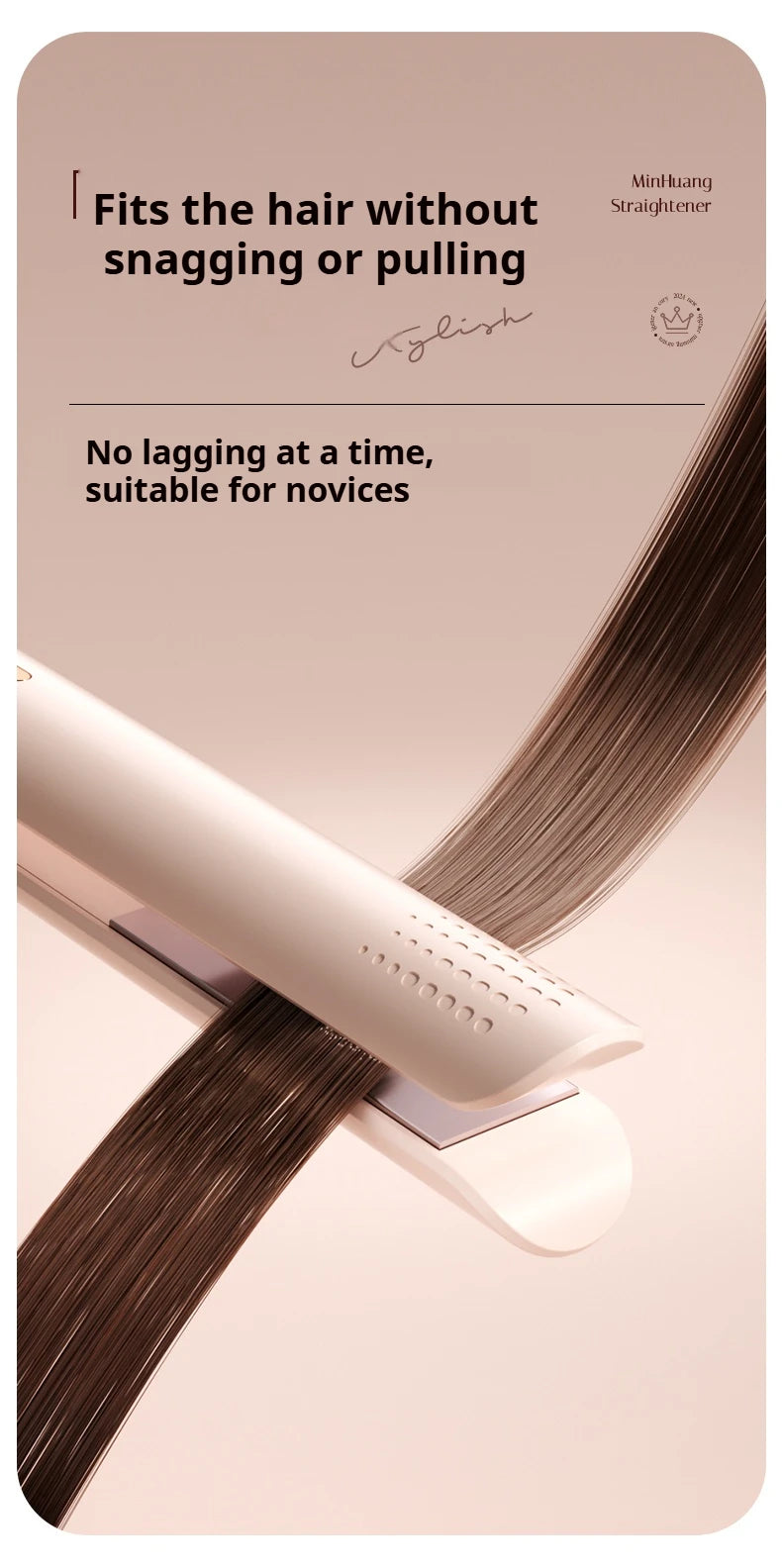 A close-up of a beige ceramic hair straightener and curler tool with dark brown hair being styled.