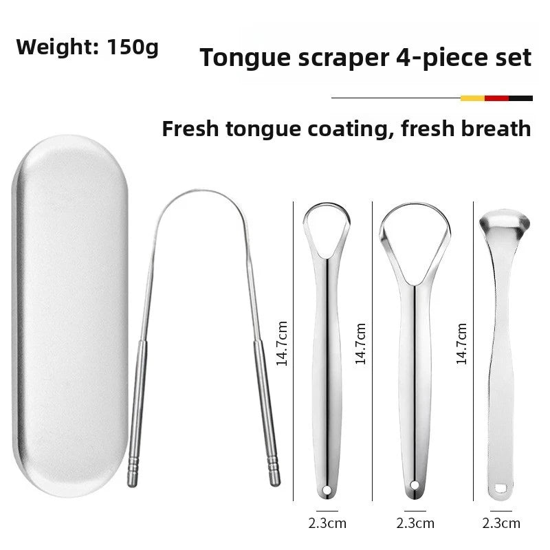 A 4-piece set of stainless steel tongue scrapers for oral hygiene, showing the individual pieces and their dimensions.