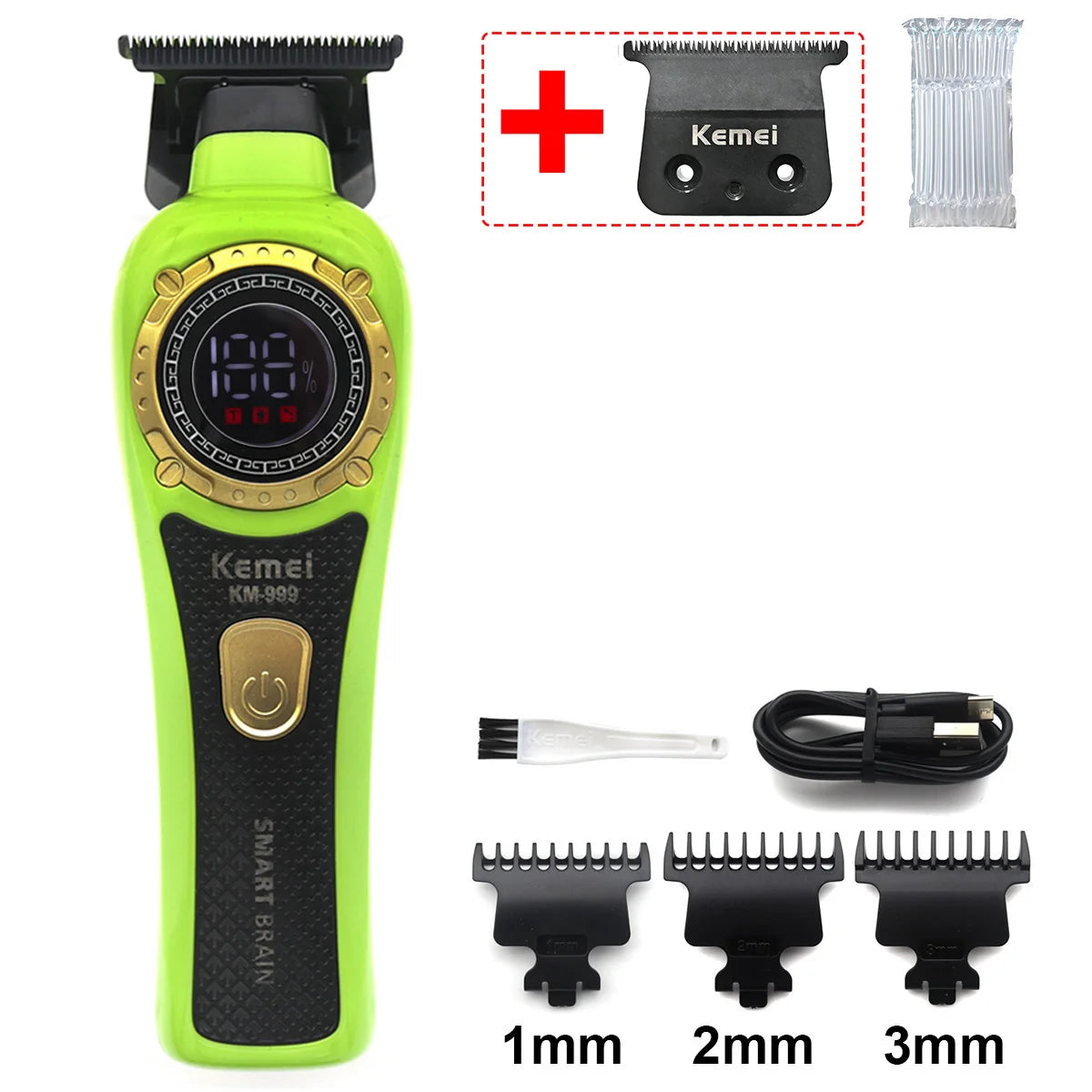 A lime green cordless smart brain hair trimmer with a black body and gold accents, shown next to replacement trimmer heads.