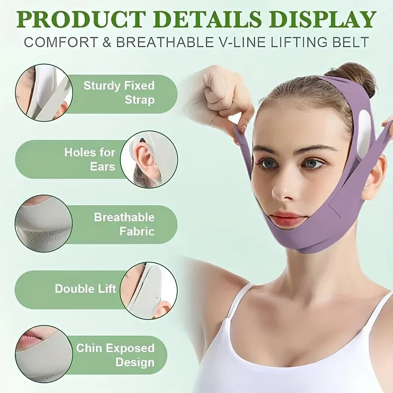 A woman is wearing a purple V-line lifting belt for comfort and breathability, showing various features like a sturdy strap a