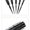 A set of black professional curly round hair combs with elastic teeth shown in various angles.