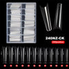 Boîte de 240 pointes de ongles en acrylique courbe C extra longues, montrées en différentes tailles et angles.