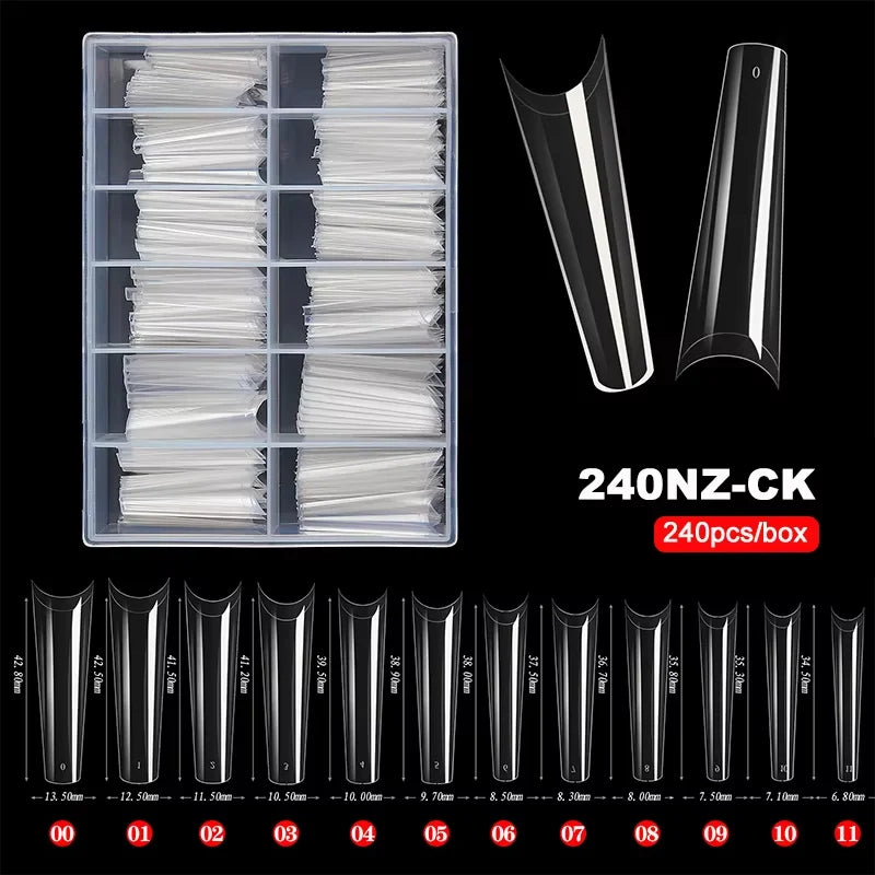 Boîte de 240 pointes de ongles en acrylique courbe C extra longues, montrées en différentes tailles et angles.
