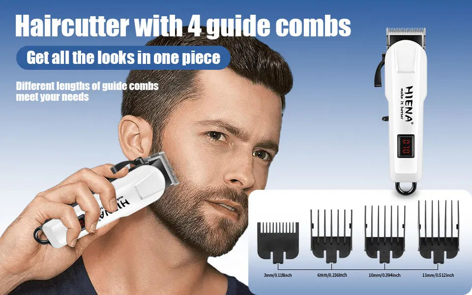 A man is using a white professional rechargeable hair clipper with four guide combs to cut his beard.