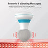 A white and blue vibrating massager device is shown above a pink surface, illustrating its massage function.