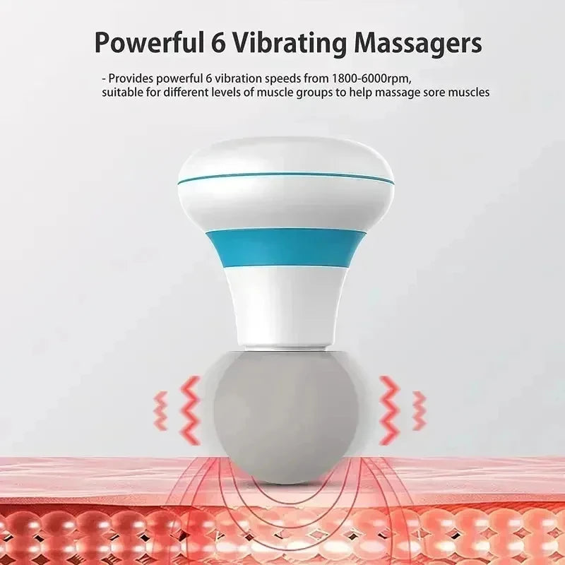 A white and blue vibrating massager device is shown above a pink surface, illustrating its massage function.